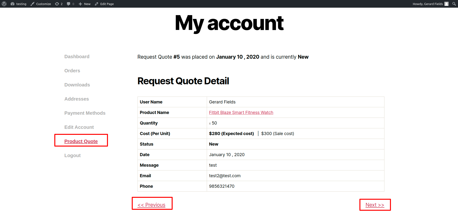 User get all the detail of request quote one by one in product quote view page in my account area.