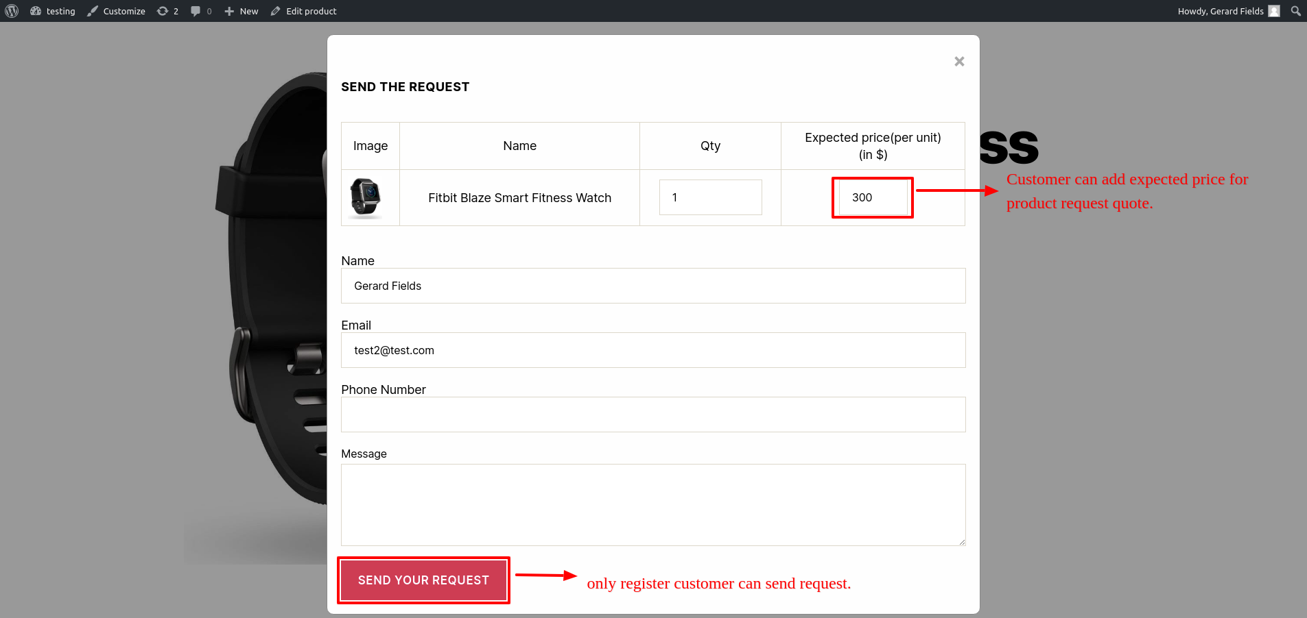 User can click on add to quote button then open this quotation form to user can easily request for product quotation.(Only register user can send the product quote request)