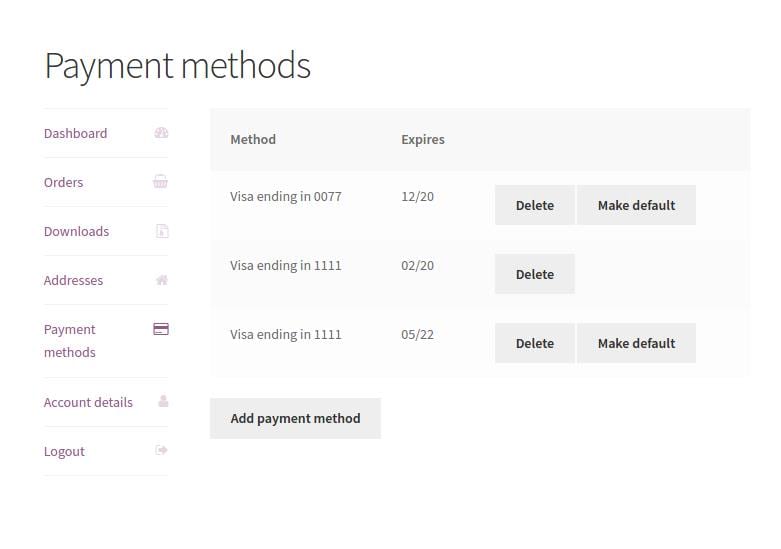Customers can see and edit saved payment cards in their account dashboard
