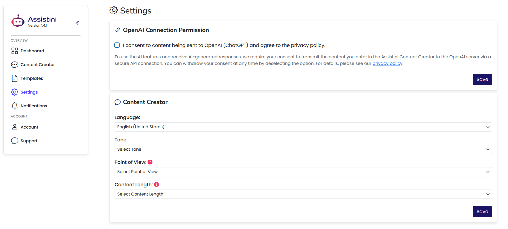 Settings with Content Creator Definitions