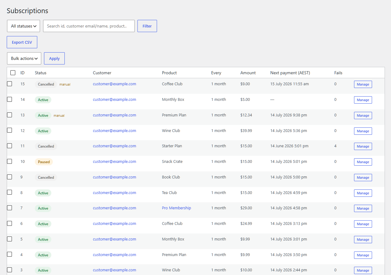 Your subscriptions list — filter and search every subscription, with one-click management.