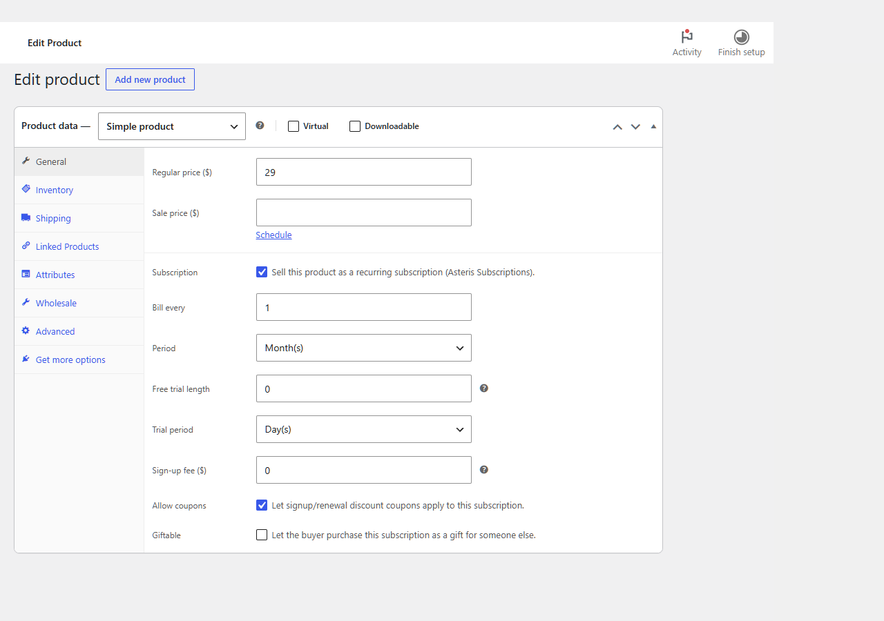 Turn any product into a subscription — billing interval, free trial and sign-up fee on the product screen.