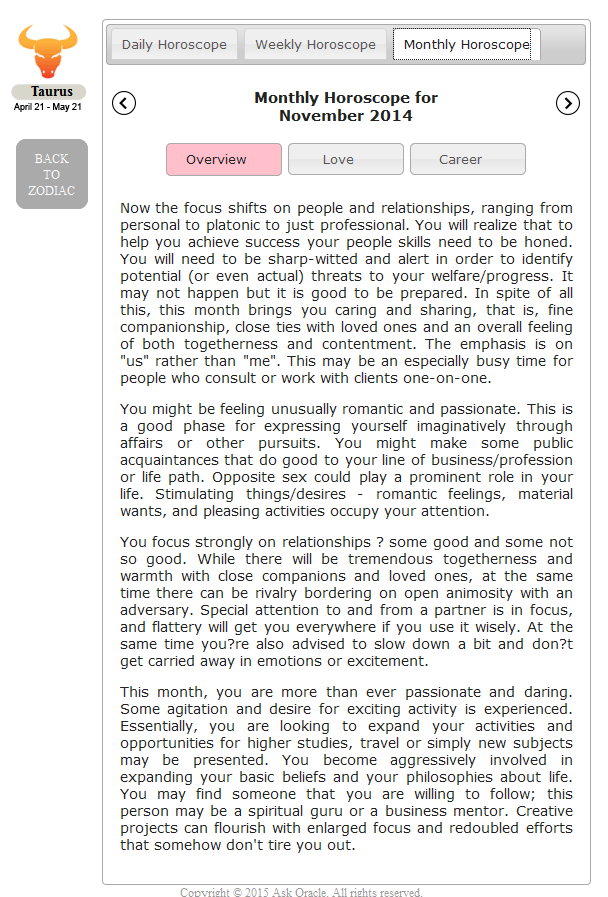 Zodiac Monthly Overview, Love & Career Horoscopes