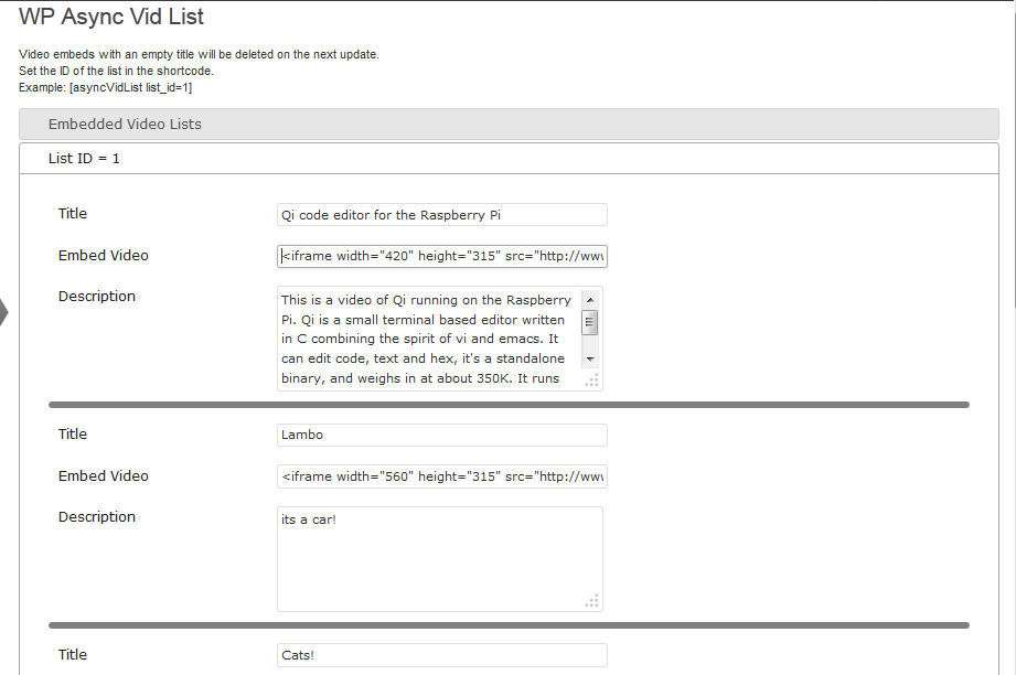 Panel for adding video embeds