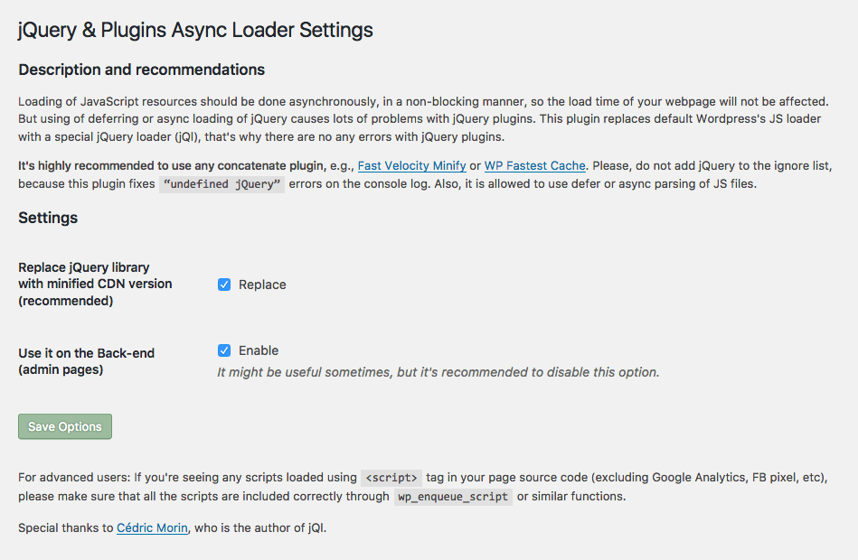 jQuery & Plugins Async Loader Settings page