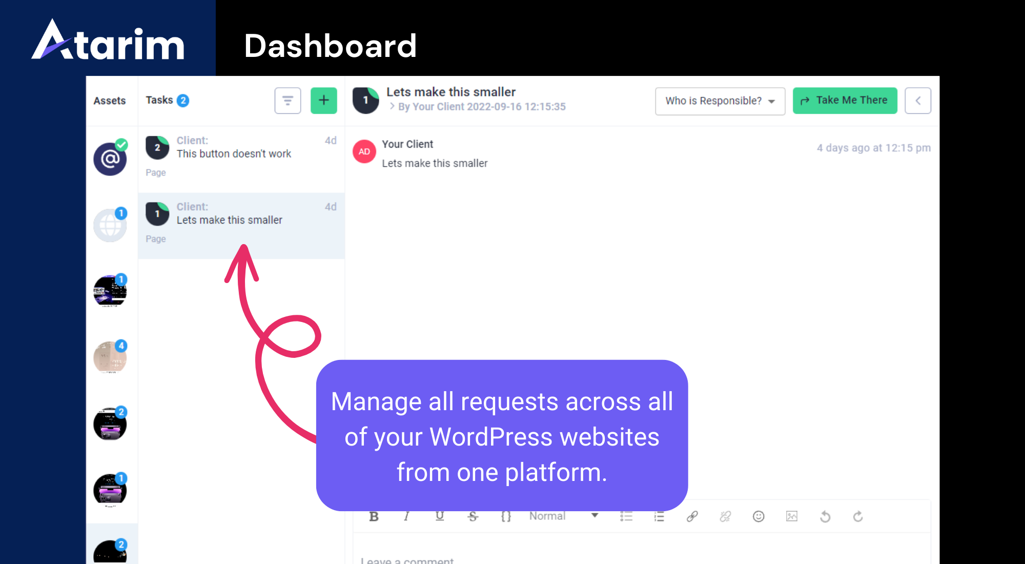 **Back-end Requests**: Create requests on the WordPress Dashboard, perfect for collaborating with your team or showing your client something.