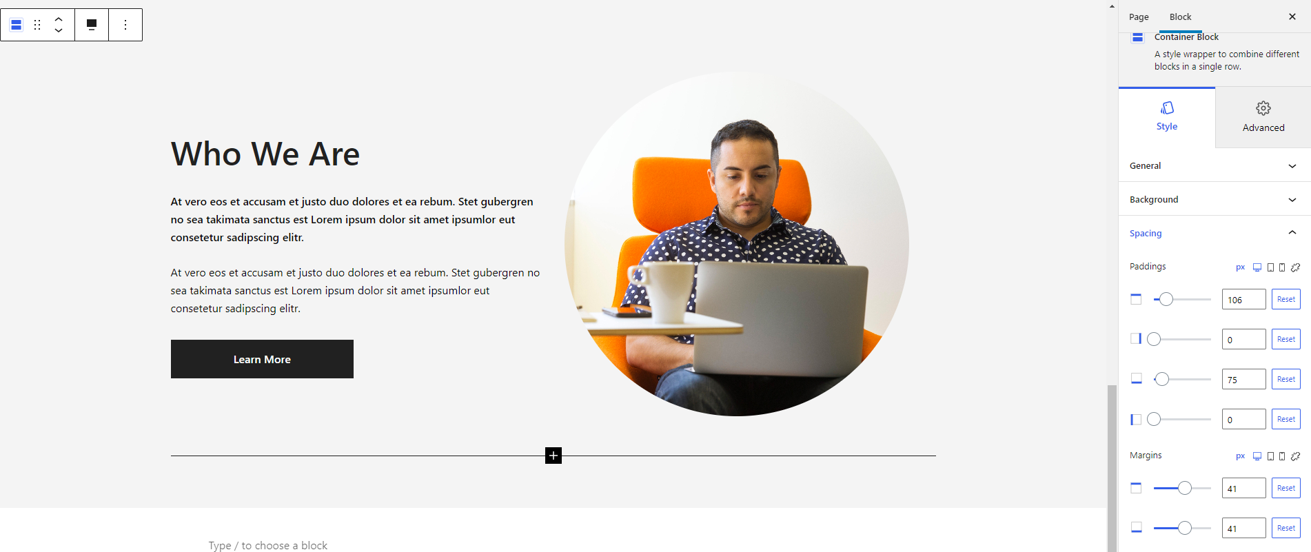 Container Block with gray background color and default GB columns with text and image.