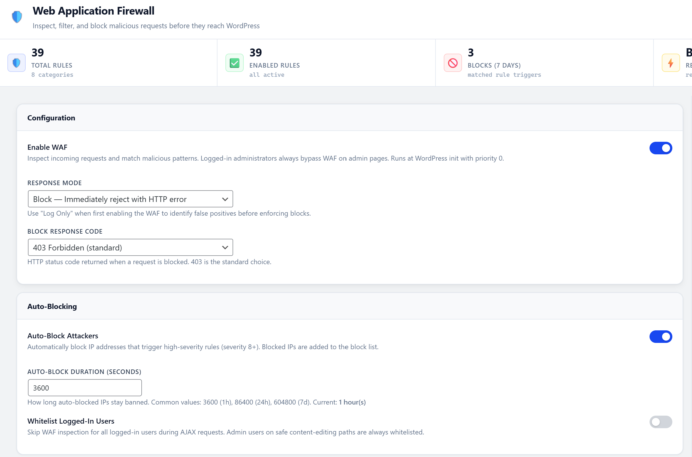 Web Application Firewall (WAF) — overview with attack stats, mode toggle, and rule category summary.