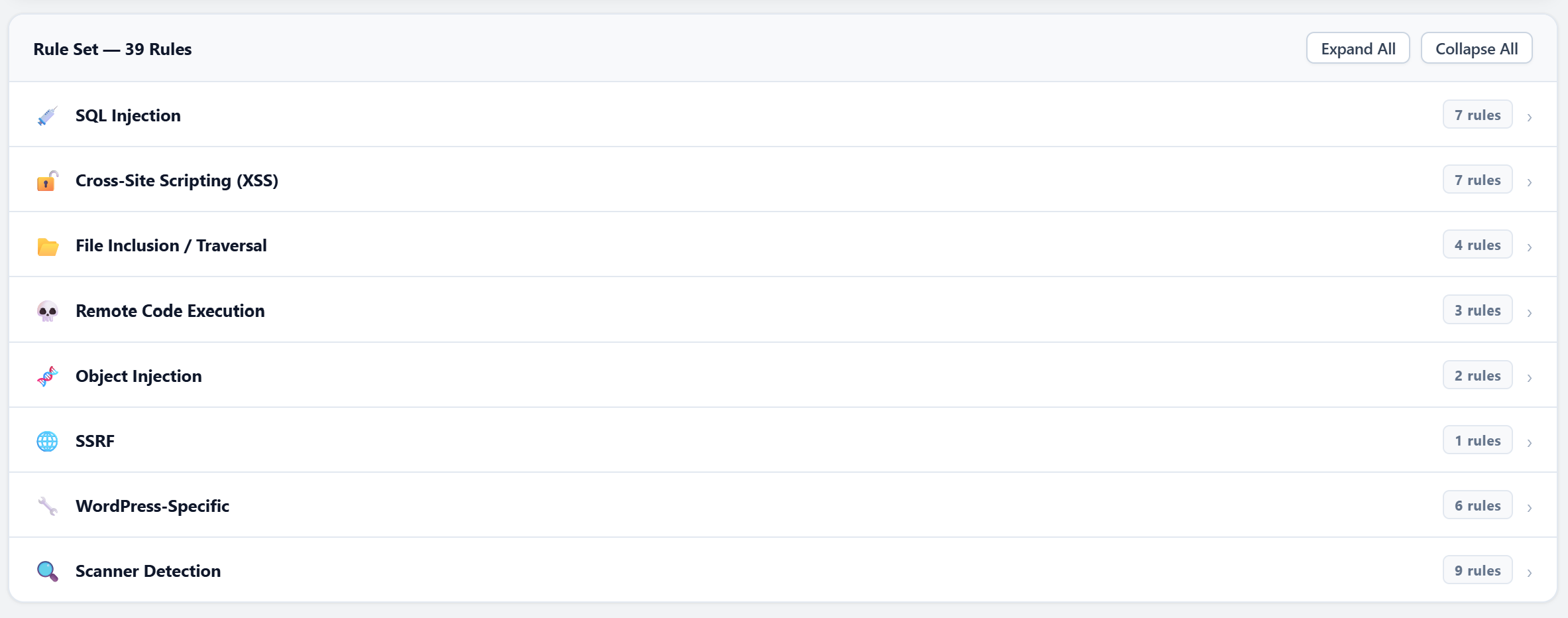 WAF Rules — 28+ attack pattern families with per-rule enable/disable and log/block controls.