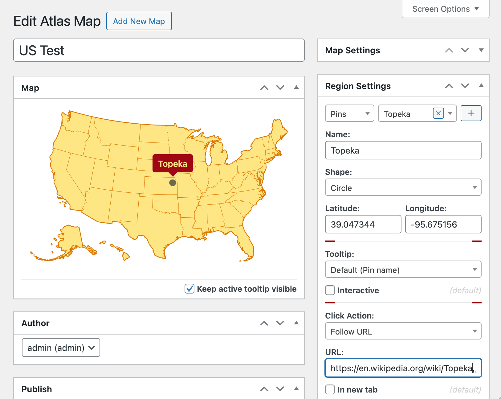 Configuring a pin and click action on a US map