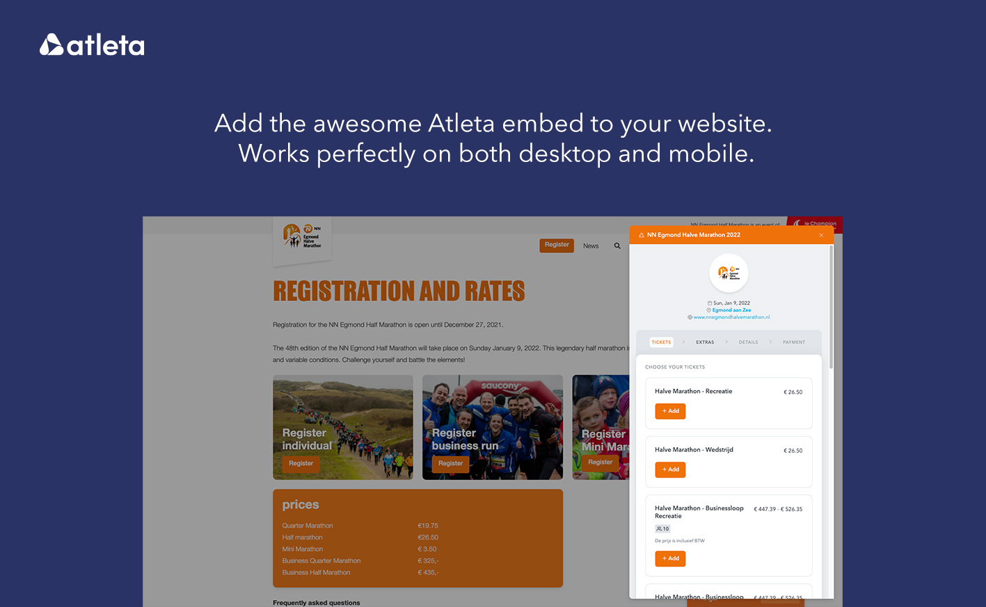 Add the awesome Atleta embed to your website. Works perfectly on both desktop and mobile.