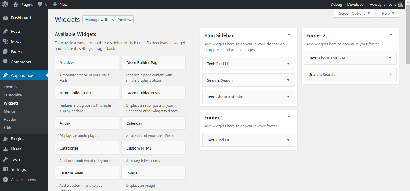 Once the plugin is activated, you'll get three new widgets. Registered widget areas for your pages won't appear.
