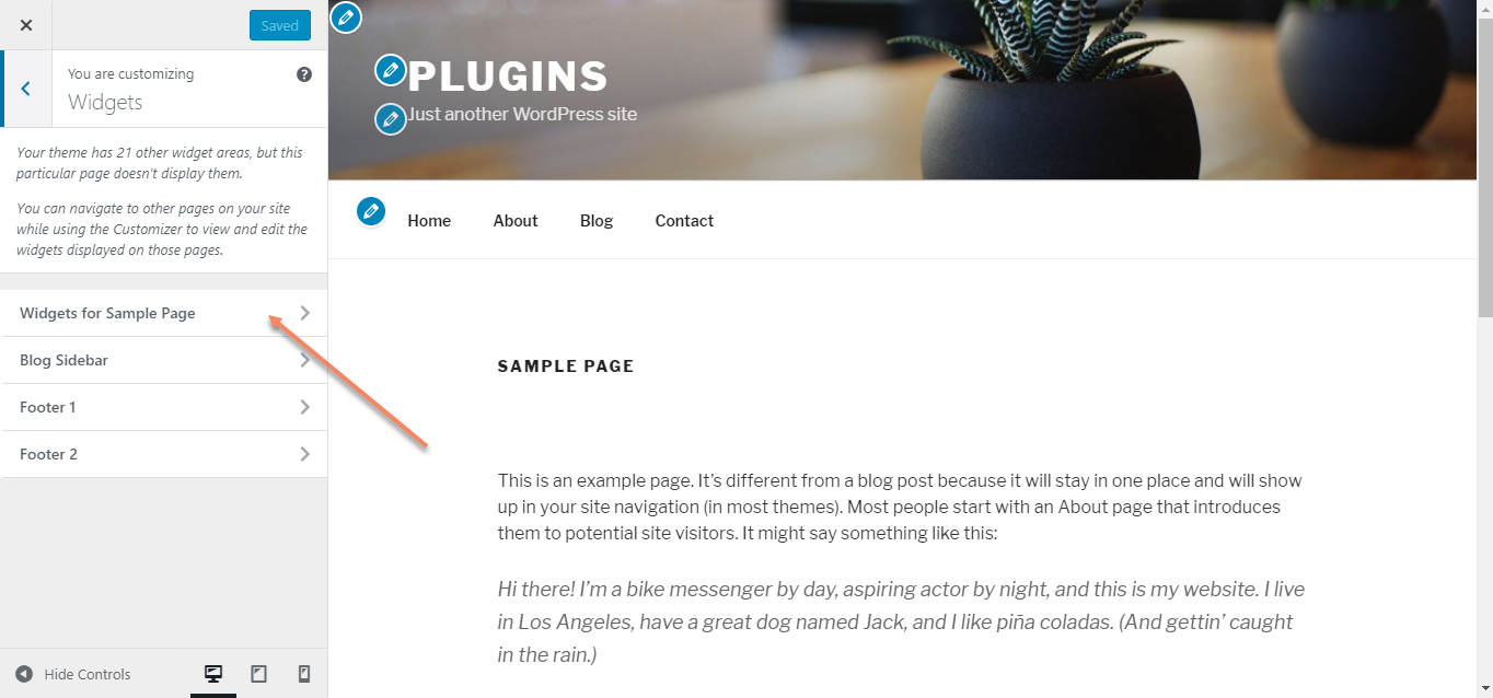 Visit a basic page on the front end of your site, and open up the customizer to see a new widget area registered for your page.