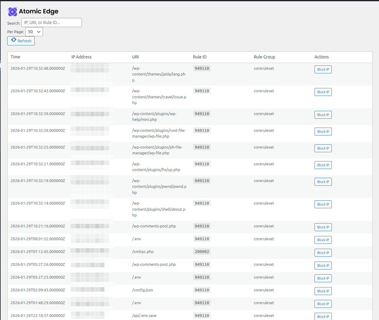 WAF log viewer displaying security incidents and blocked attacks in real-time