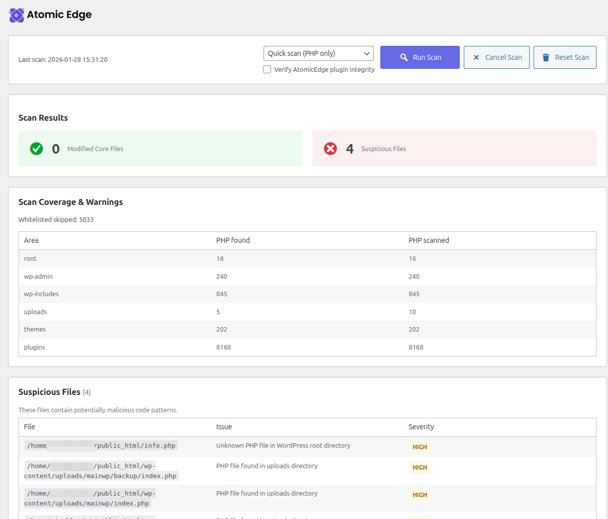 Malware scanner to scan your entire WordPress installation for malicious files
