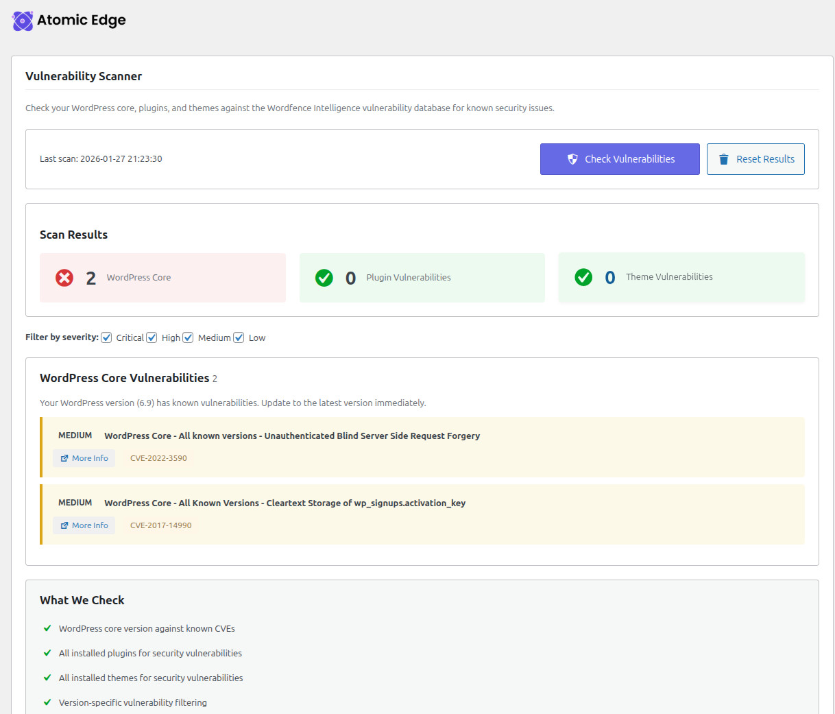Vulnerability scanner highlighting insecure or vulnerable core, themes, and plugins