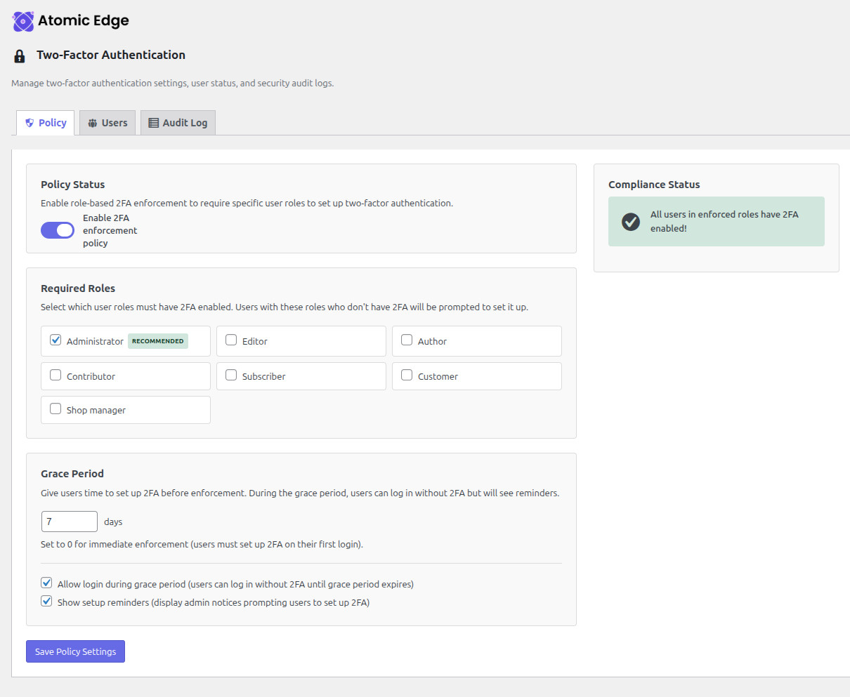 Two-Factor Authentication settings for securing WordPress login with TOTP apps