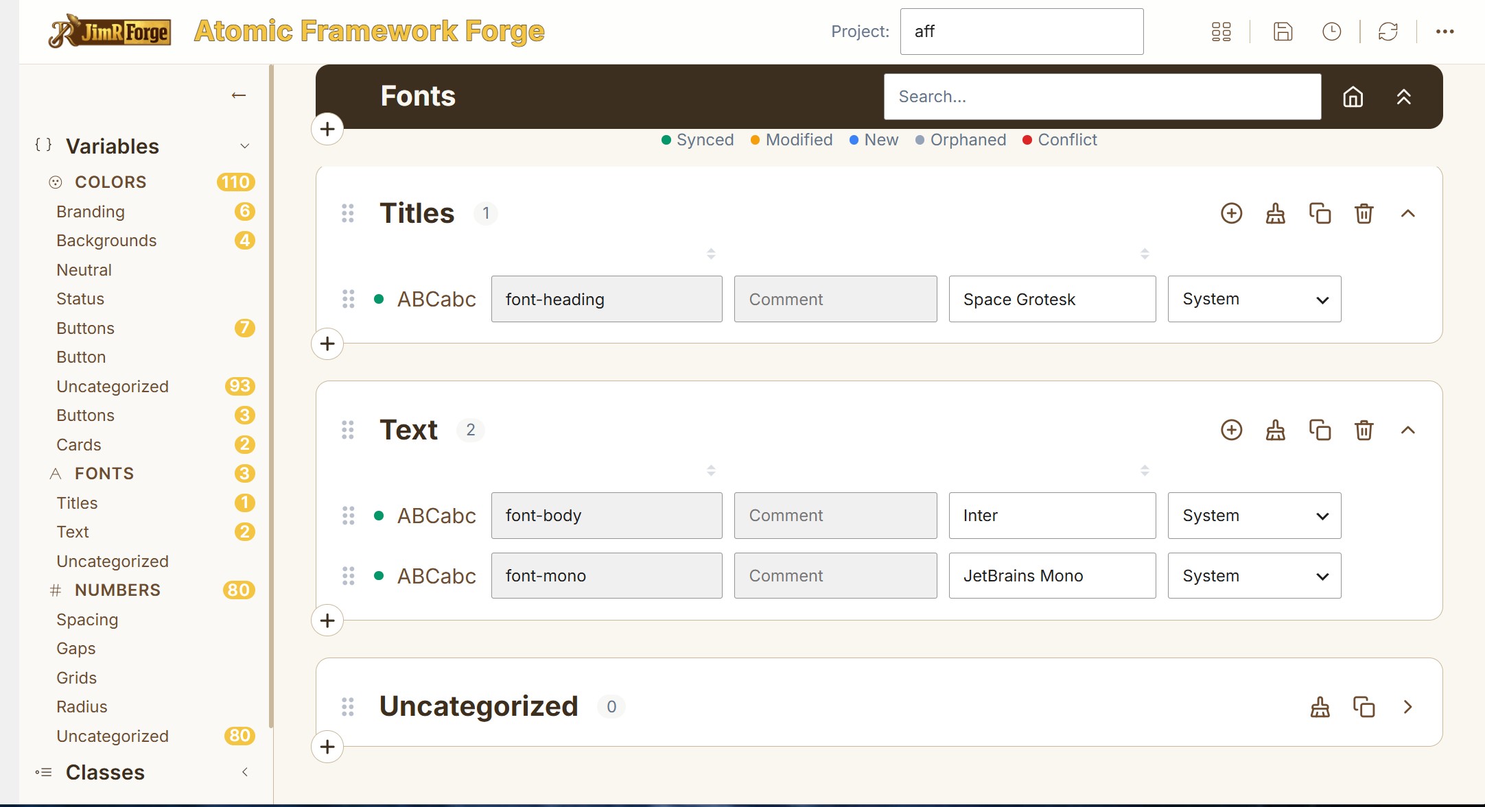 Manage font variables organized by category and sub-category, with live preview.