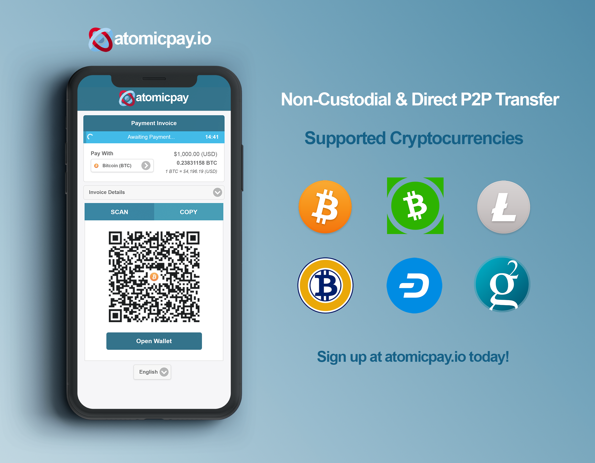 AtomicPay Supported Cryptocurrencies: Bitcoin, Litecoin, Bitcoin Cash, Dash, Bitcoin Gold, Groestlcoin and more
