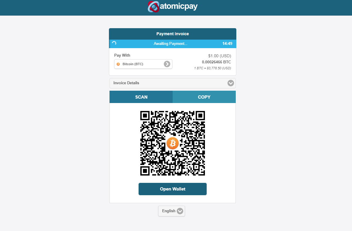 AtomicPay Payment Invoice UI - Your customers will be redirected to AtomicPay to complete the payment. They can pay by scanning a QR code or copy/paste the amount and address.