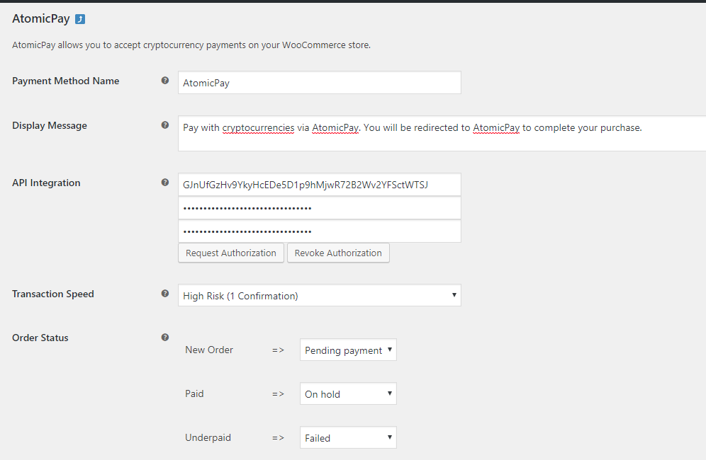 Authorization Pairing - Input the API keys and click Request Authorization. The plugin will attempt to connect to AtomicPay Server for an authorization.