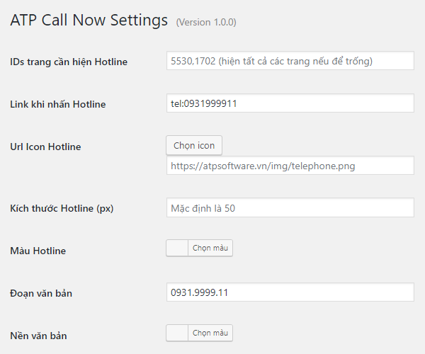 **The ATP Call Now settings page.** IPs page need show plugin, link when click, Url icon plugin, size this plugin, color main plugin, text, color background text.