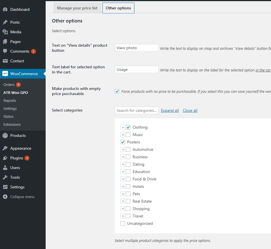 Setting - Selecting categories to apply the global price option on and other options