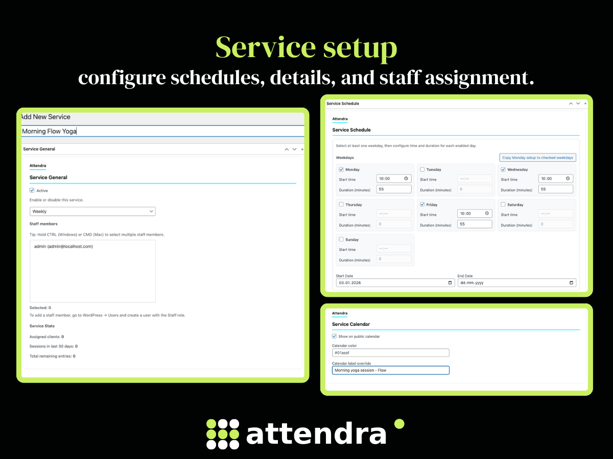 Service setup: configure schedules, service details, and staff assignment.