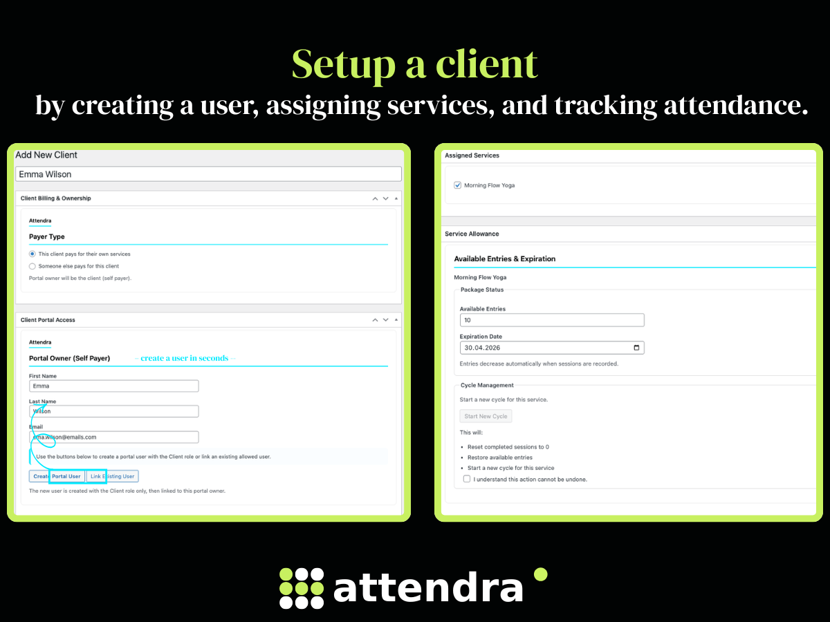 Client setup: create users, assign services, and track attendance.