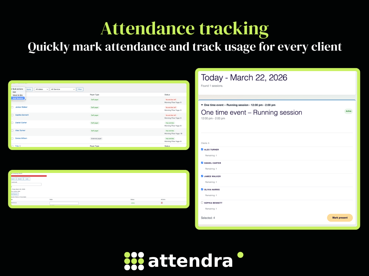 Attendance tracking: quickly mark attendance and track session usage for every client.