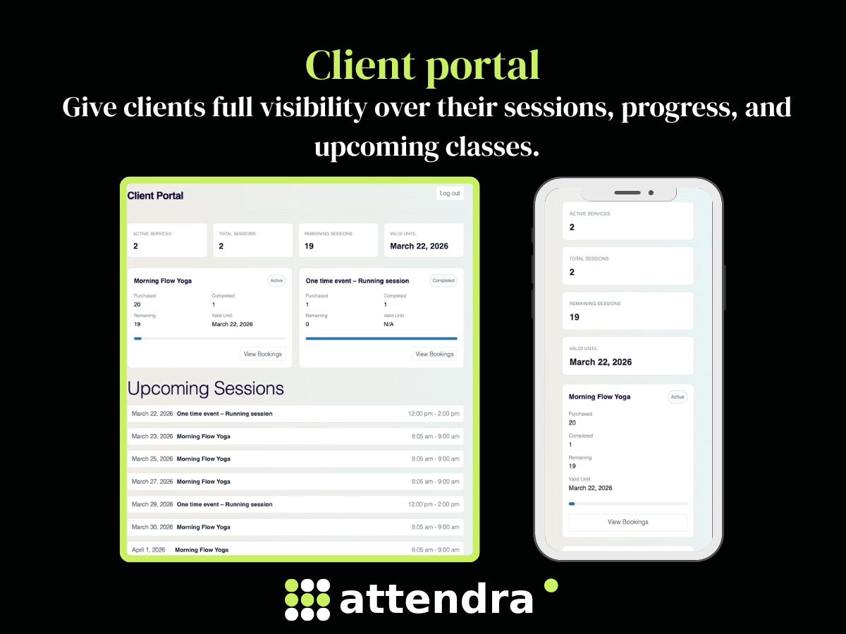 Client portal: give clients full visibility over their sessions, progress, and upcoming classes.