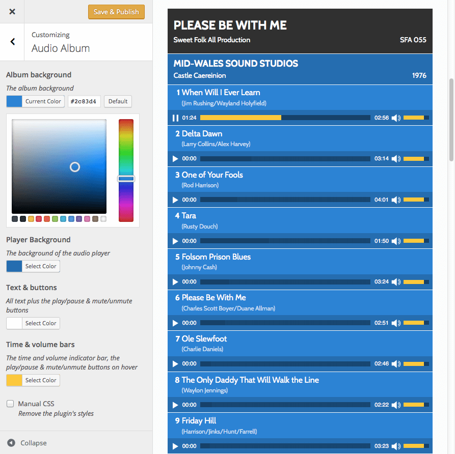 Change the colour scheme using the audio album section of the WordPress customiser.
