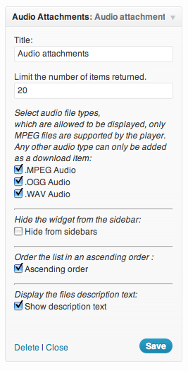 Shown here are the available options of the 'Audio Attachment Widget'.