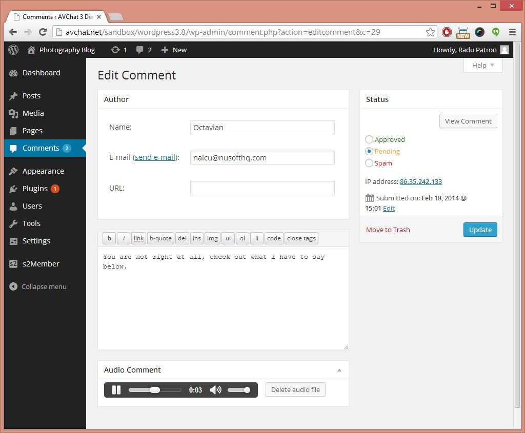 Moderating an audio comment