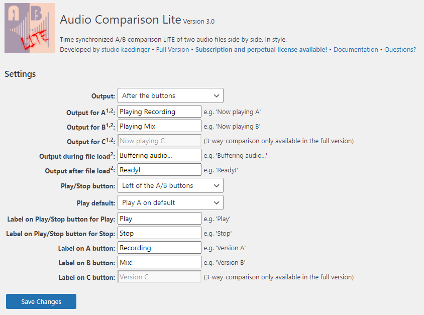 Audio Comparison Lite's settings.