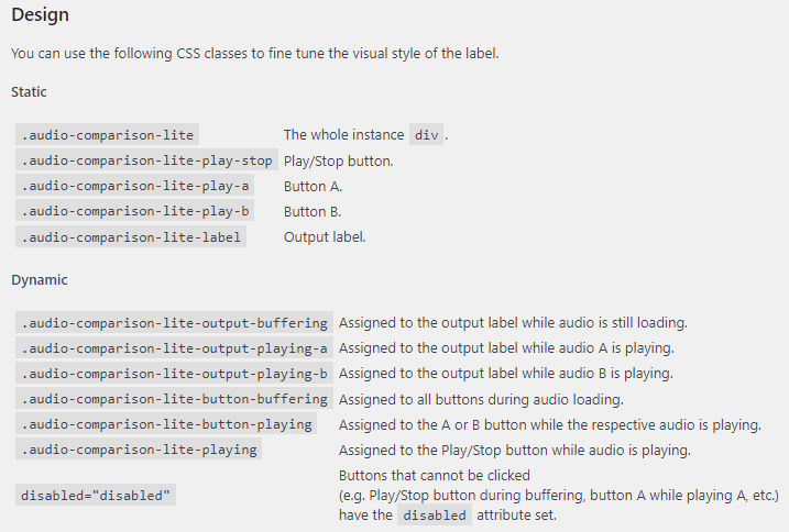 Available CSS classes.
