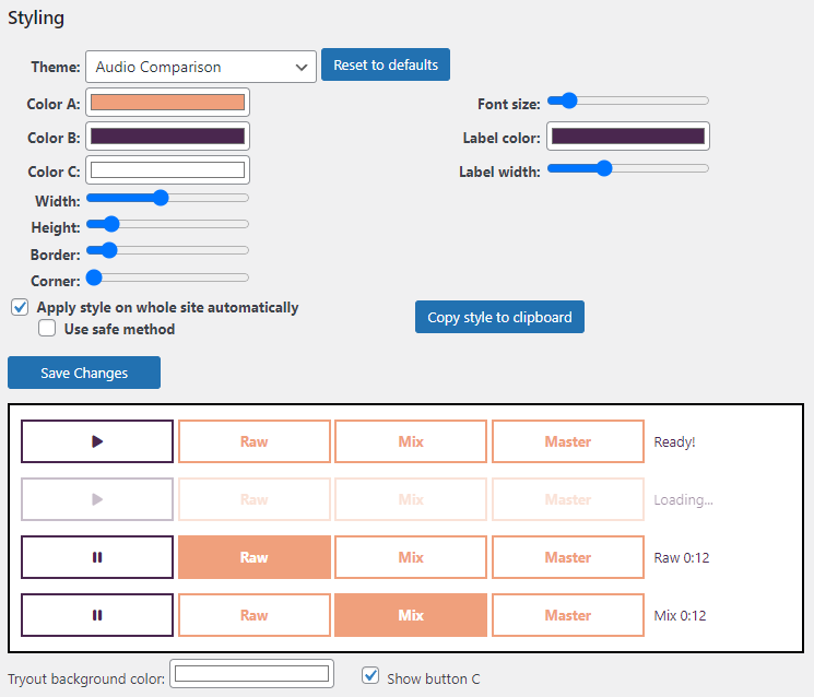 Style editor with theme 'Audio Comparison' (Pro Version shown with A/B/C comparison).