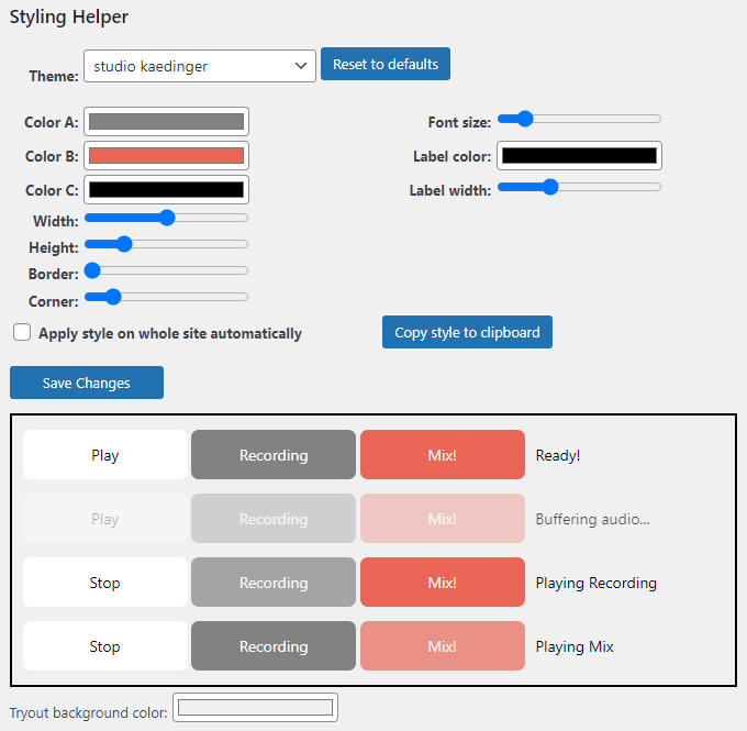 Style editor with theme 'studio kaedinger'.