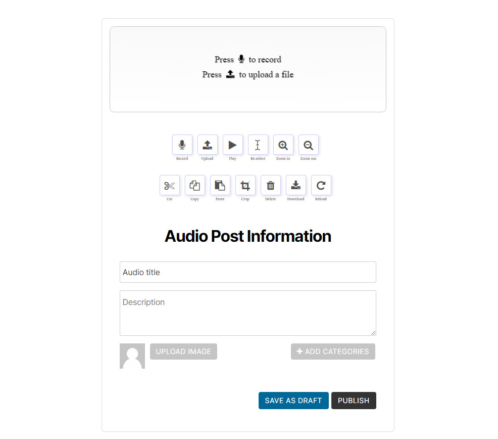 Frontend even more mini audio recorder using the remove-buttons shortcode attribute
