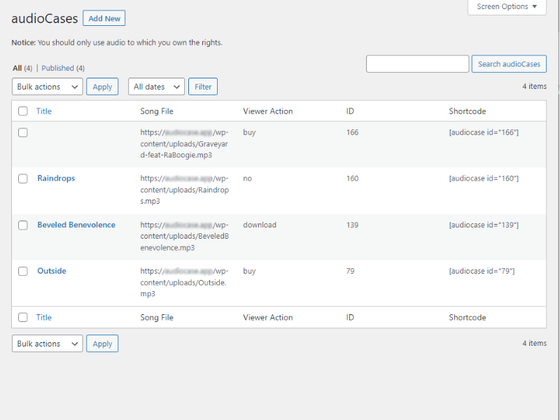 List of existing audioCases with shortcode