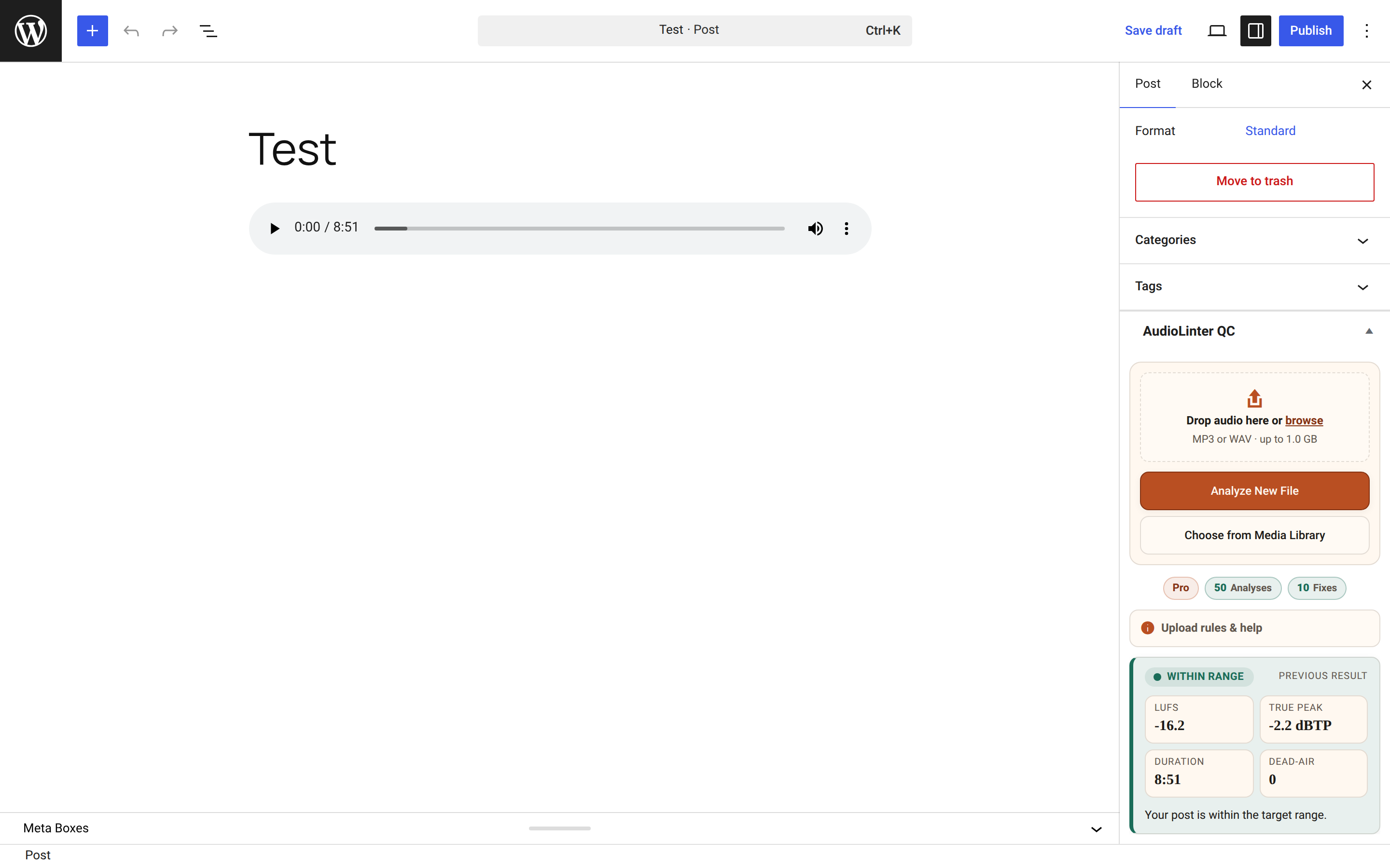 Post editor metabox for uploading or selecting an audio file and starting analysis.