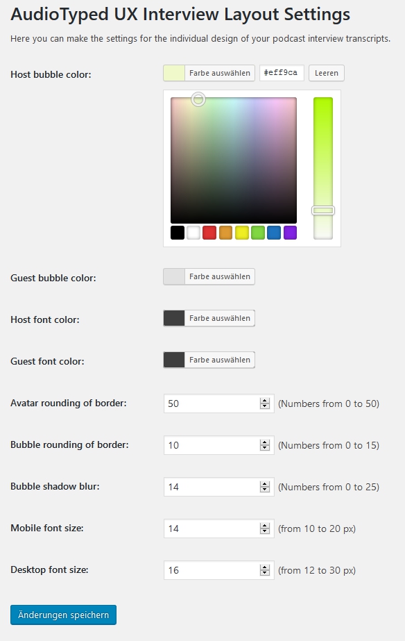 Set the bubble and font color for host and guest speaker. And settings for the avatars.
