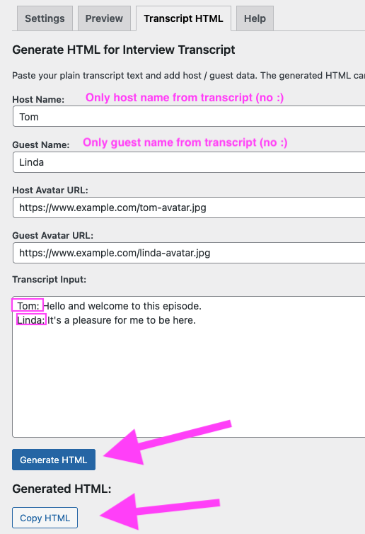 Buttons for generate html and copy HTML