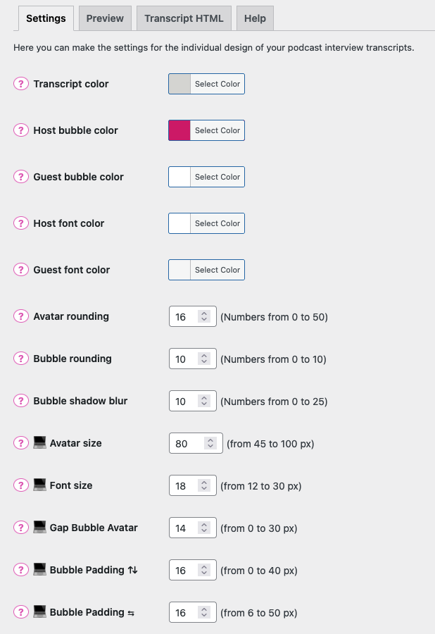 Settings for individual design of your podcast interview transcript