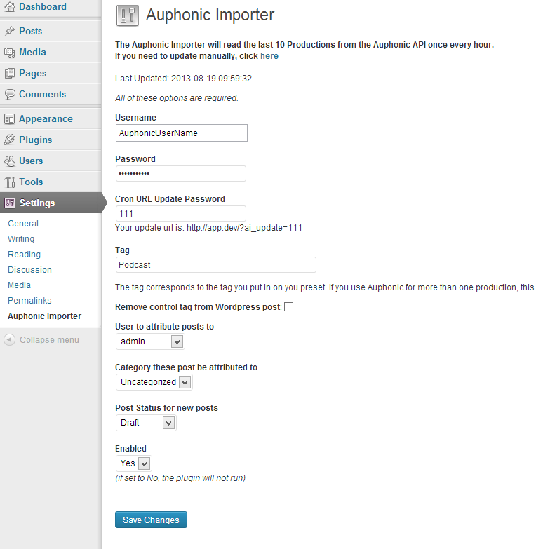 Settings in Auphonic Importer in WordPress
