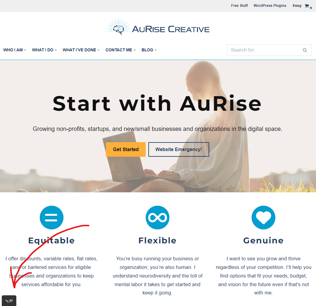 Screenshot of author's homepage with a red arrow drawn over to point to the widget fixed to the bottom left of the browser window