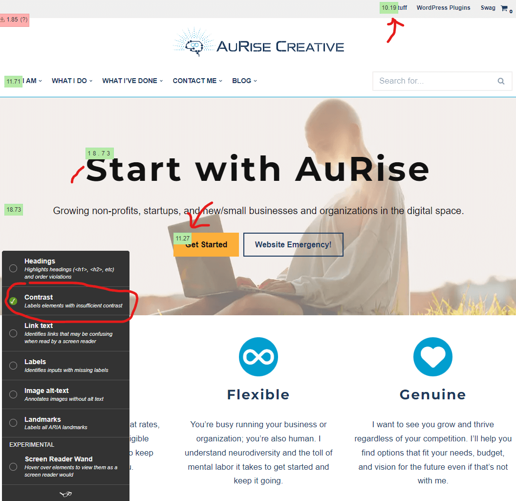 Screenshot of the author's homepage with the contrast feature enabled. The screenshot is annotated with a red circle over the contrast option in the menu showing it is checked and red arrows pointing to the contrast ratio calcuations that appear around various elements. A calcuation in green shows that it passes validation while one in red shows it fails.