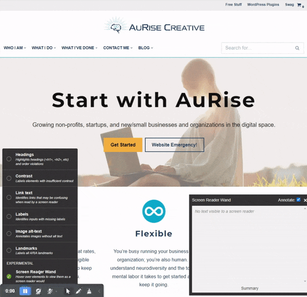 An animated GIF image showing the author's homepage with the screen reader wand enabled. The looping GIF image shows a cursor moving around the page, showing how a blue box highlights various elements on the page while it also displays the screen-reader friendly text from that element in the bottom right box.