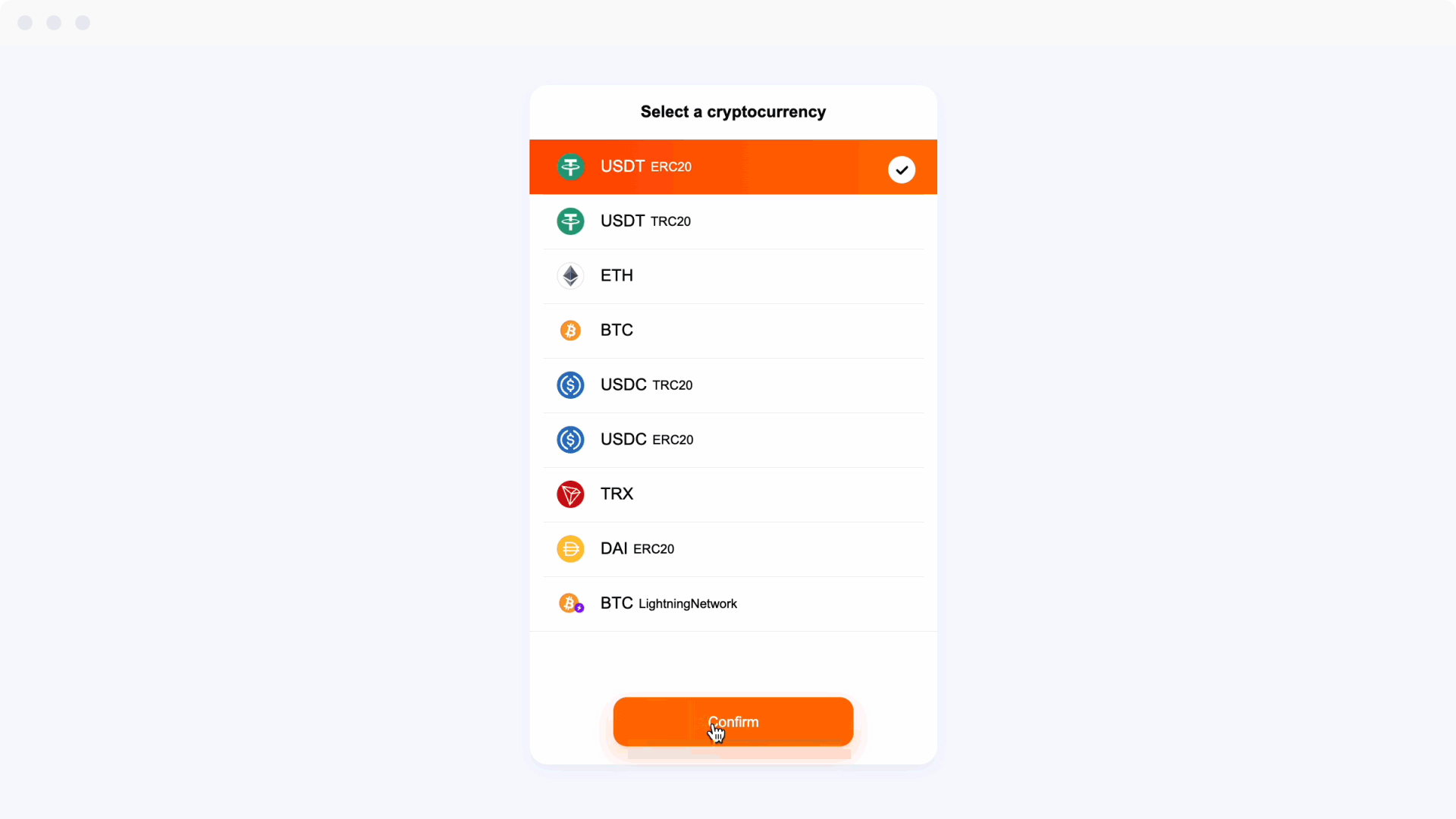 Select a crypto and pay.