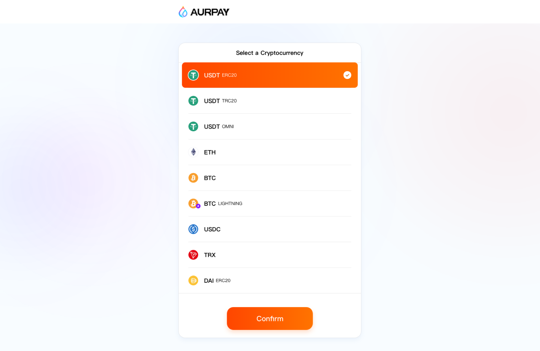 Customers select a crypto they want to pay, merchant can set which crypto to accept in Aurpay dashboard.